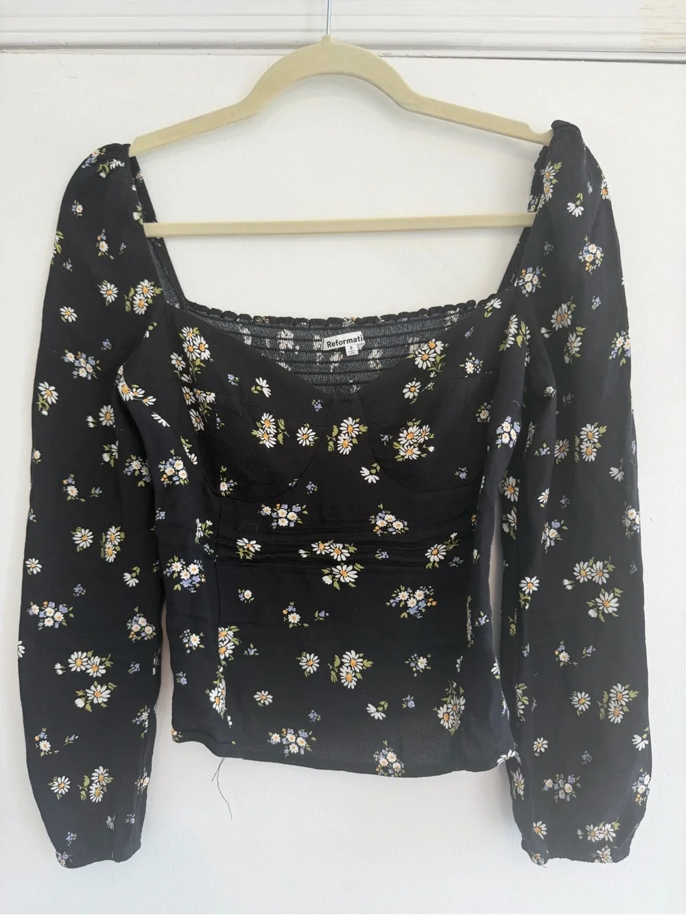 Reformation Reign Top - Black Floral Sweetheart Long-Sleeve